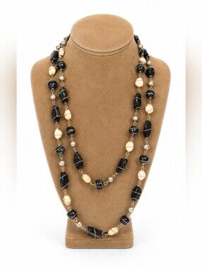 Onyx & Ivory Wire-Wrapped Glass Bead Long Necklace Boho Statement